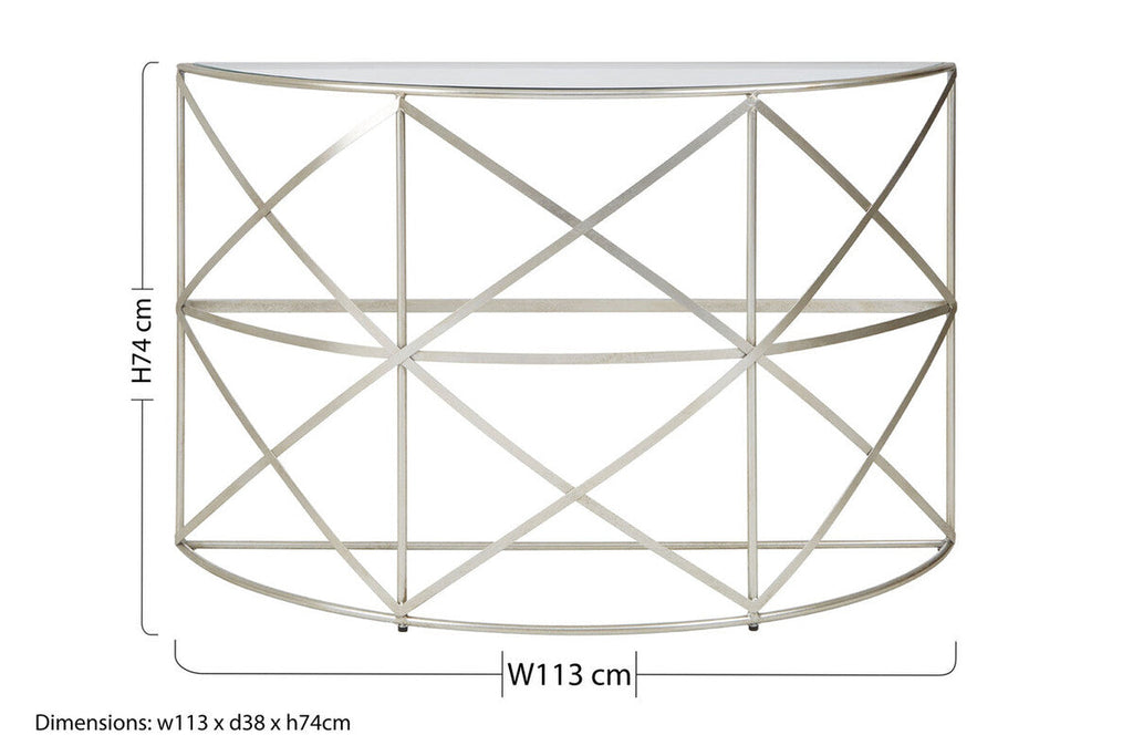 Orsina Rubia Silver Leaf Demilune Console Table with Glass Top