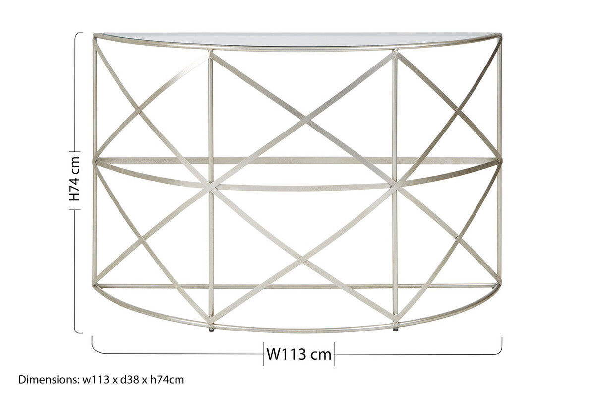 Orsina Rubia Silver Leaf Demilune Console Table with Glass Top