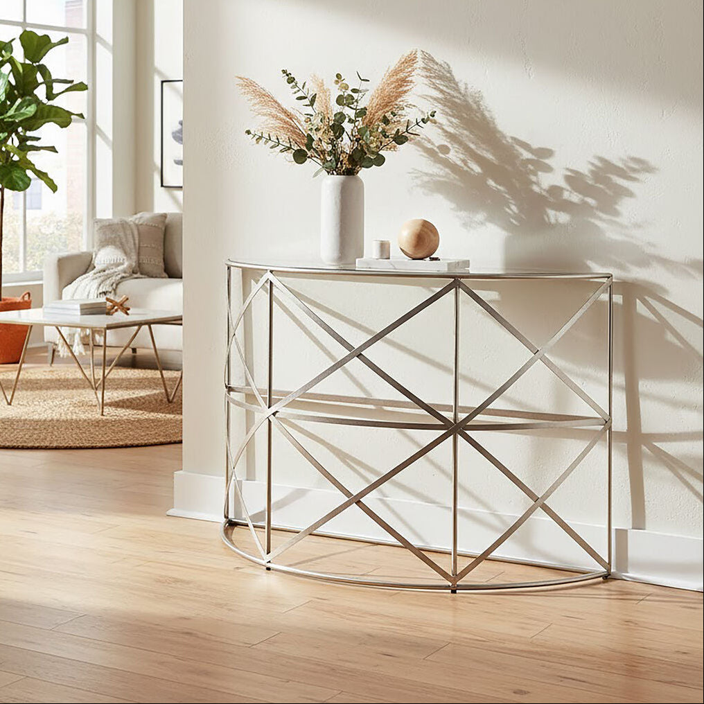 Orsina Rubia Silver Leaf Demilune Console Table with Glass Top