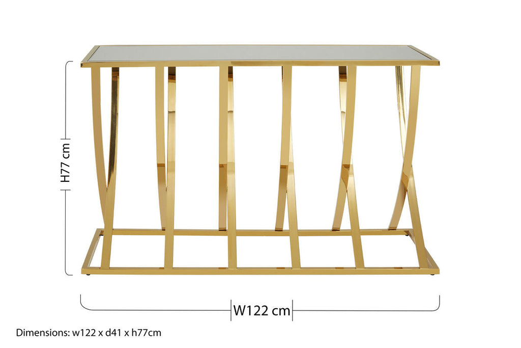 Orsina Reena Gold Console Table | Mirrored Top Stainless Steel Frame
