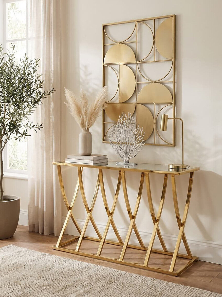 Orsina Reena Gold Console Table | Mirrored Top Stainless Steel Frame