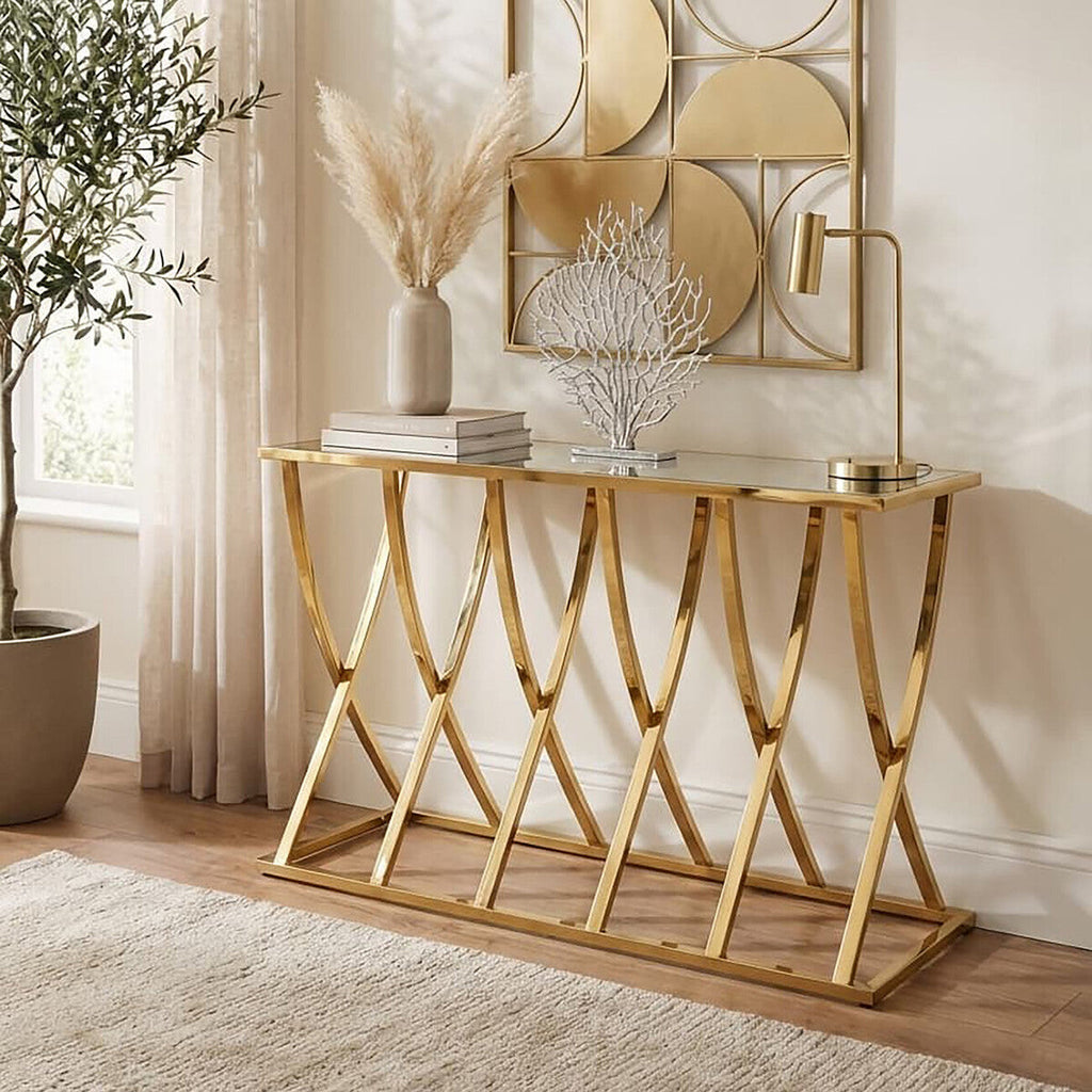 Orsina Reena Gold Console Table | Mirrored Top Stainless Steel Frame