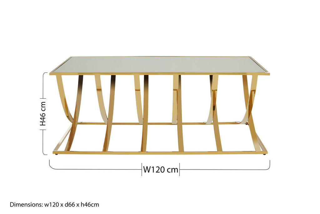 Orsina Reena Coffee Table – Mirrored Glass Top & Gold Stainless Steel