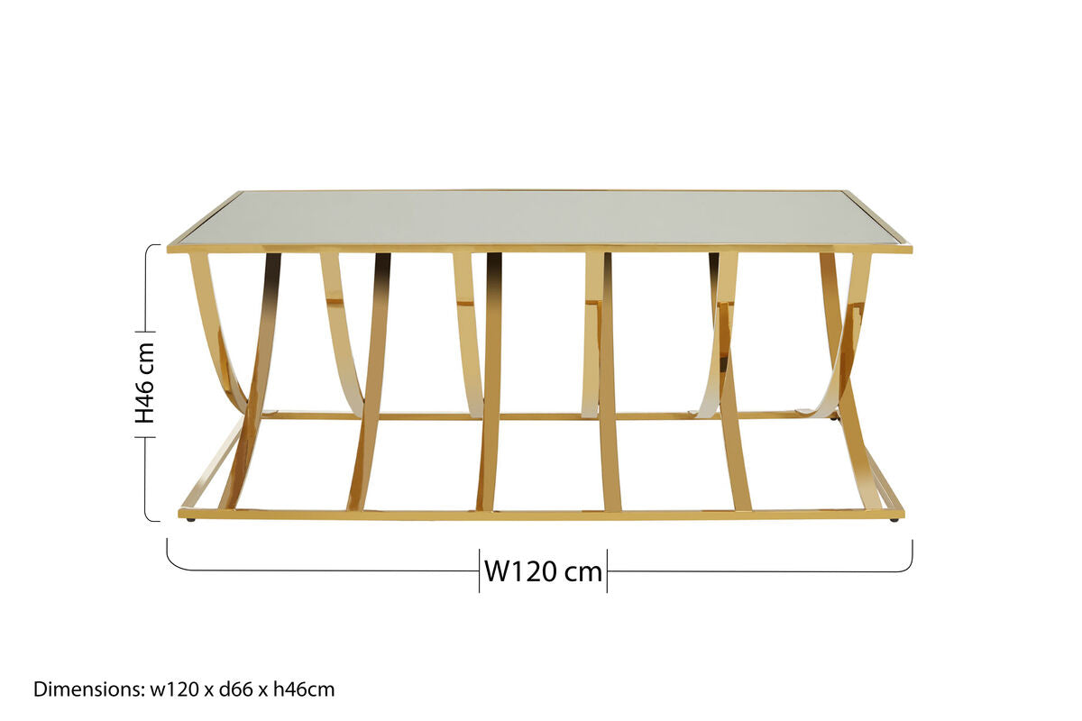 Orsina Reena Coffee Table – Mirrored Glass Top & Gold Stainless Steel