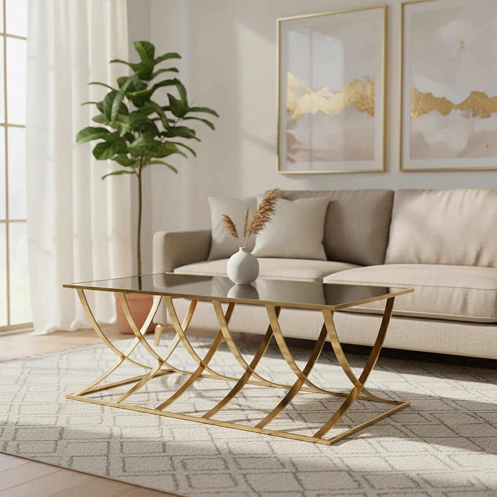 Orsina Reena Coffee Table – Mirrored Glass Top & Gold Stainless Steel