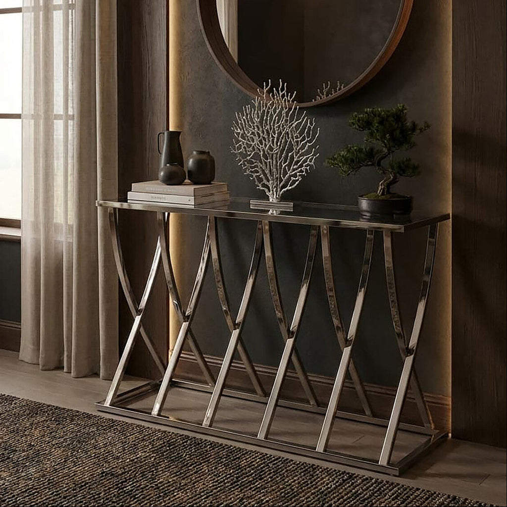 Orsina Reena Silver Mirrored Console Table | Chrome Stainless Steel