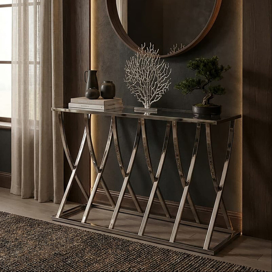 Orsina Reena Silver Mirrored Console Table | Chrome Stainless Steel