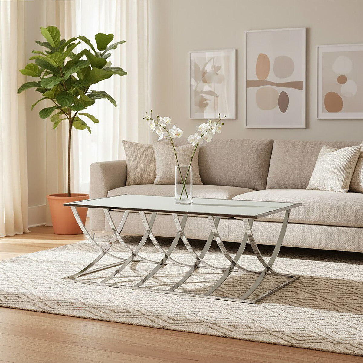 Orsina Reena Silver Coffee Table – Mirrored Top & Chrome Finish
