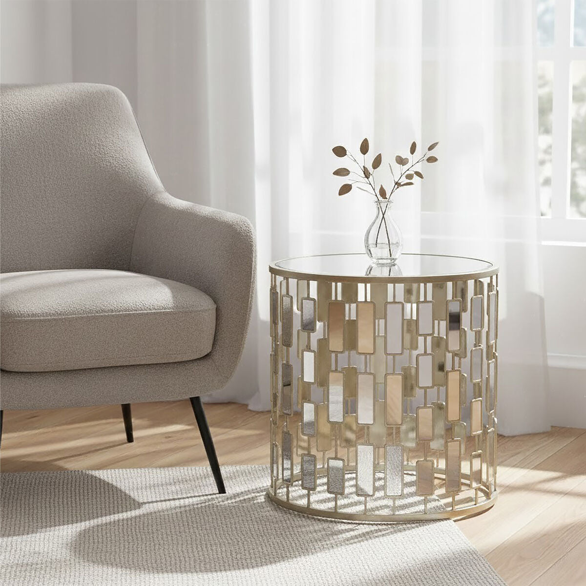 Orsina Raina Small Silver Side Table | Mirrored Glass Top Accent Table