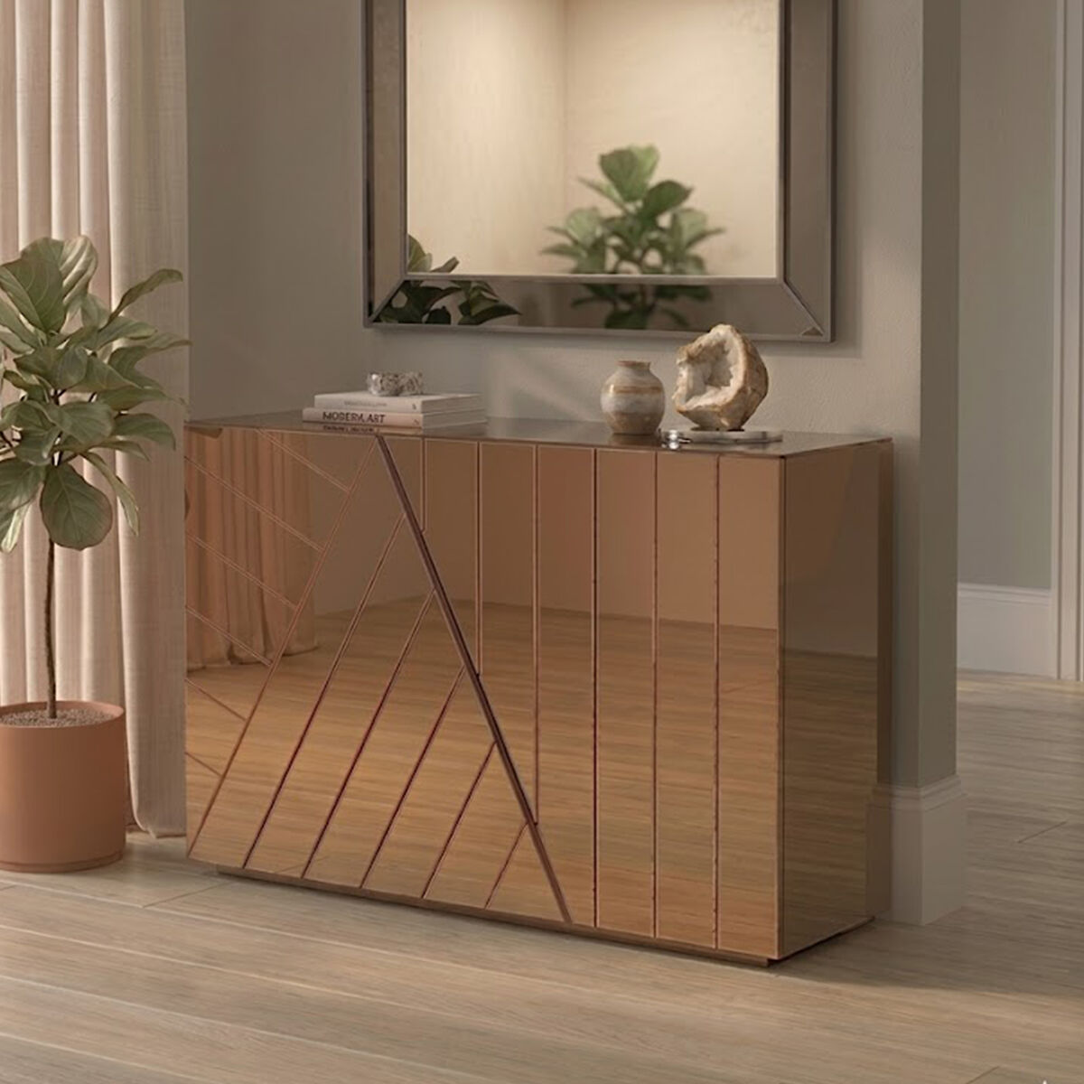 Orsina Roza Console Table – Brown Metal and Tempered Glass Design
