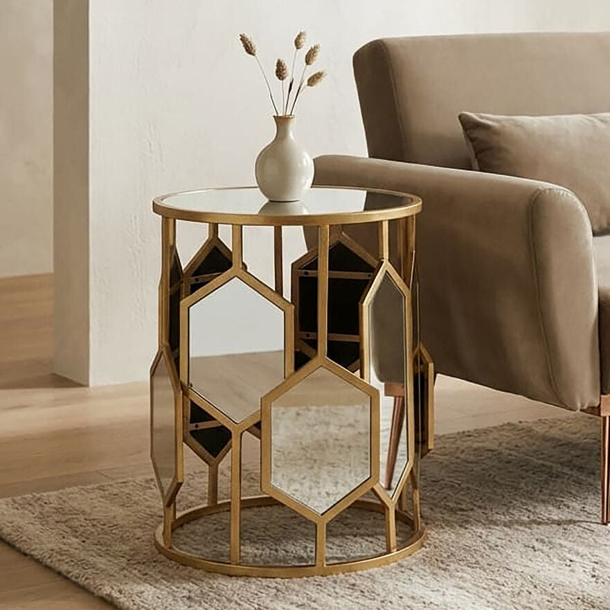 Orsina Rio Gold Side Table – Round Mirrored Top Hexagonal Accent