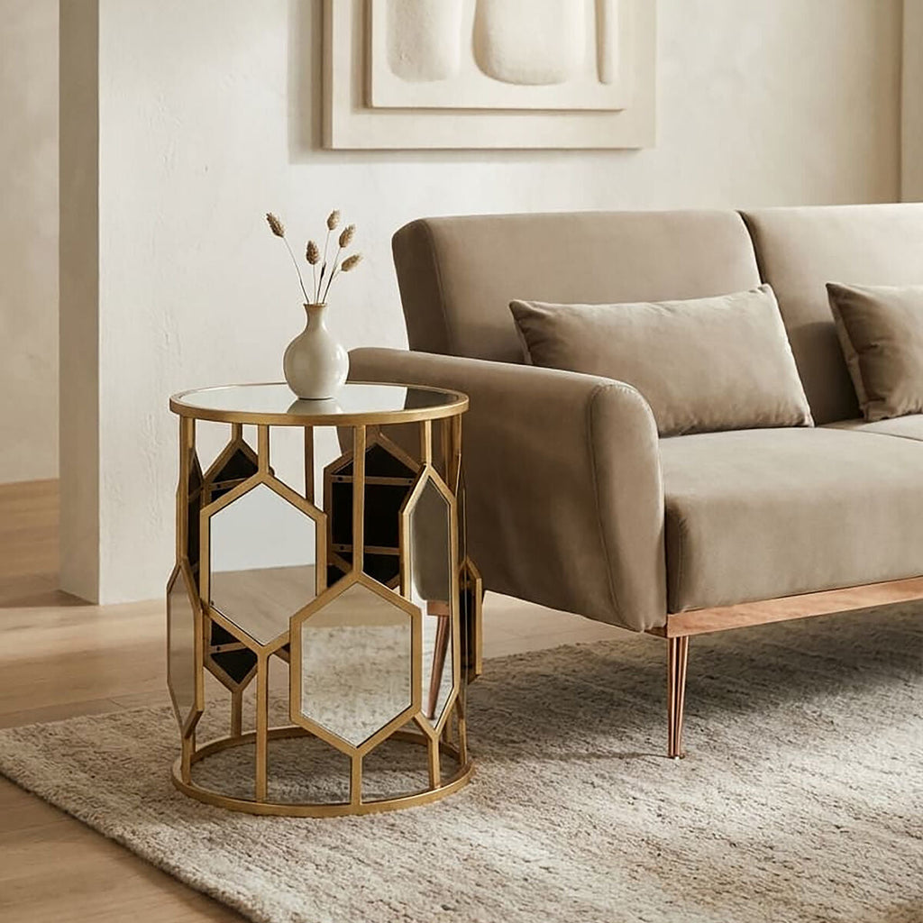 Orsina Rio Gold Side Table – Round Mirrored Top Hexagonal Accent