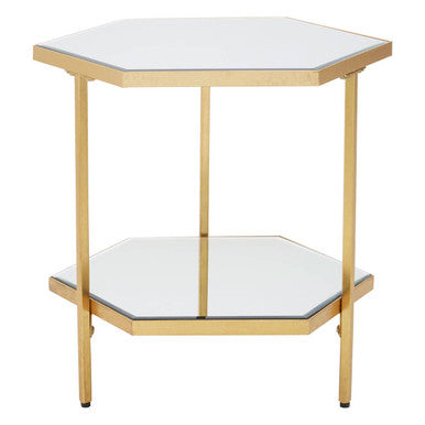 Orsina Rio Gold 2-Tier Side Table | Hexagonal Mirrored Glass Shelves