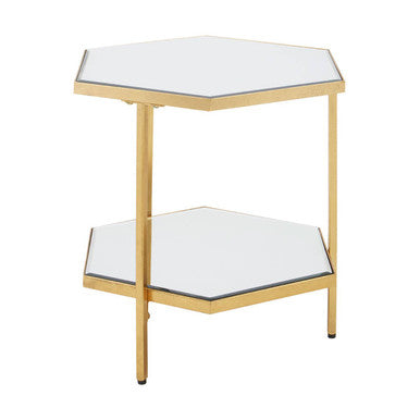 Orsina Rio Gold 2-Tier Side Table | Hexagonal Mirrored Glass Shelves