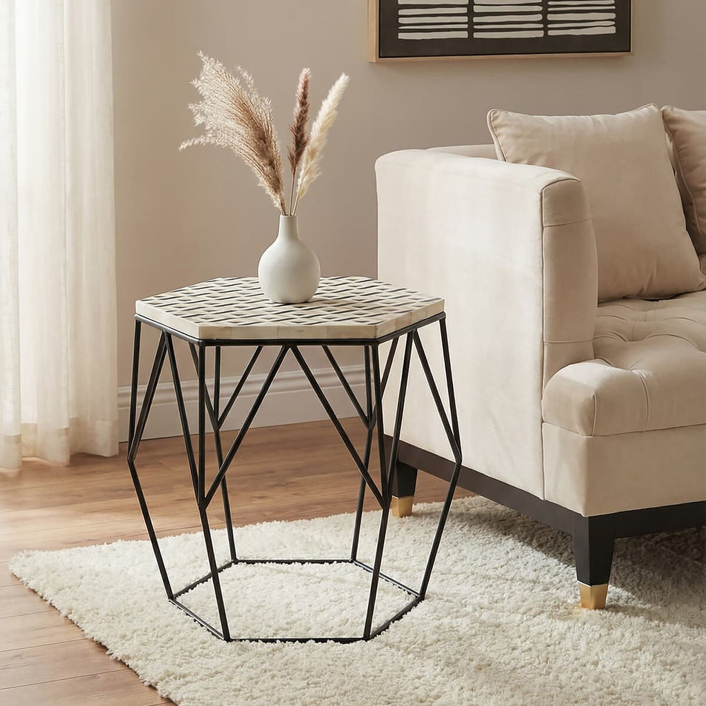 Orsina Harlo Hexagon Side Table – Black and Ivory Resin Accent Table