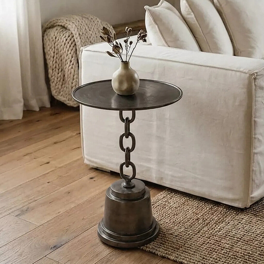 Orsina Zane Black Nickel Side Table – Round Aluminium Chain Design