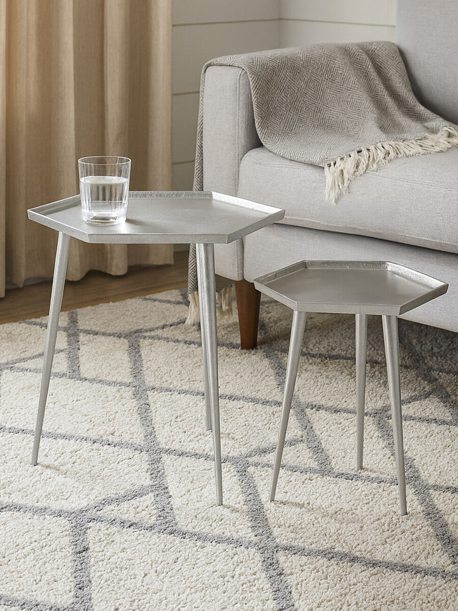 Orsina Halle Silver Hexagonal Side Tables – Set of 2 Textured Metal