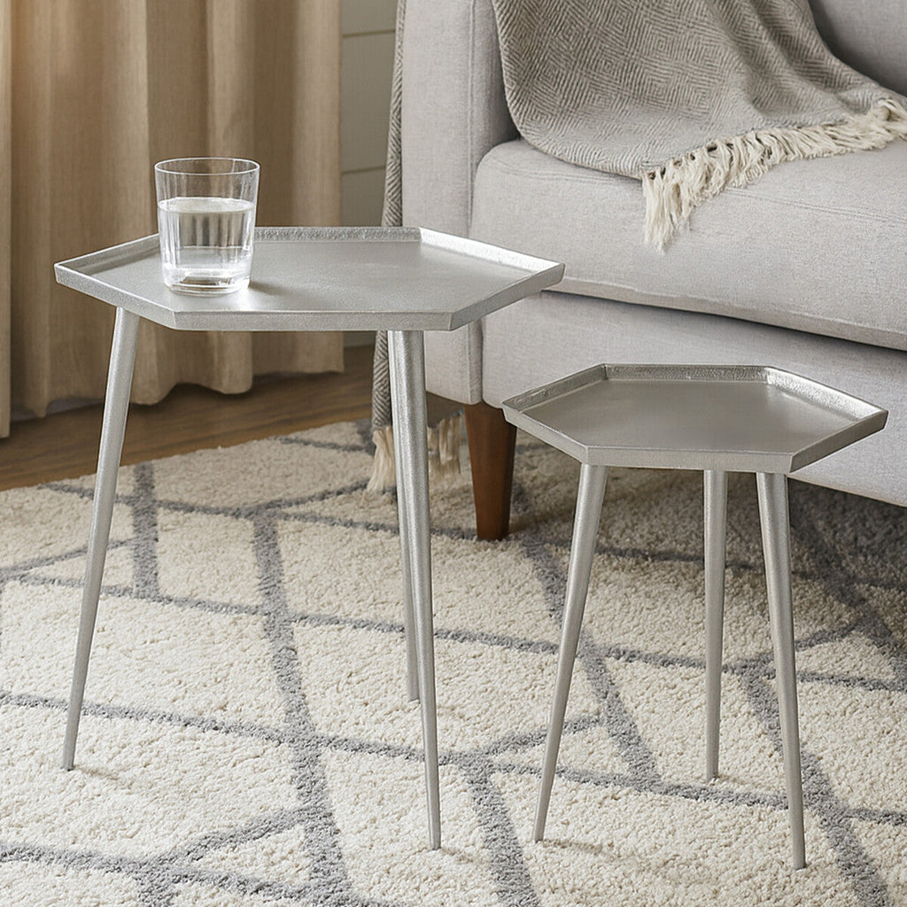 Orsina Halle Silver Hexagonal Side Tables – Set of 2 Textured Metal
