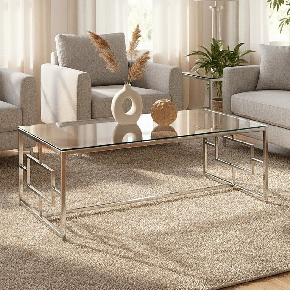 Orsina Allure Silver Glass Coffee Table – Clear Tempered Glass Top