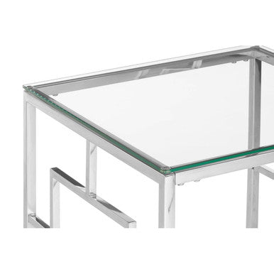 Orsina Silver Reflective End Table with Clear Tempered Glass Top