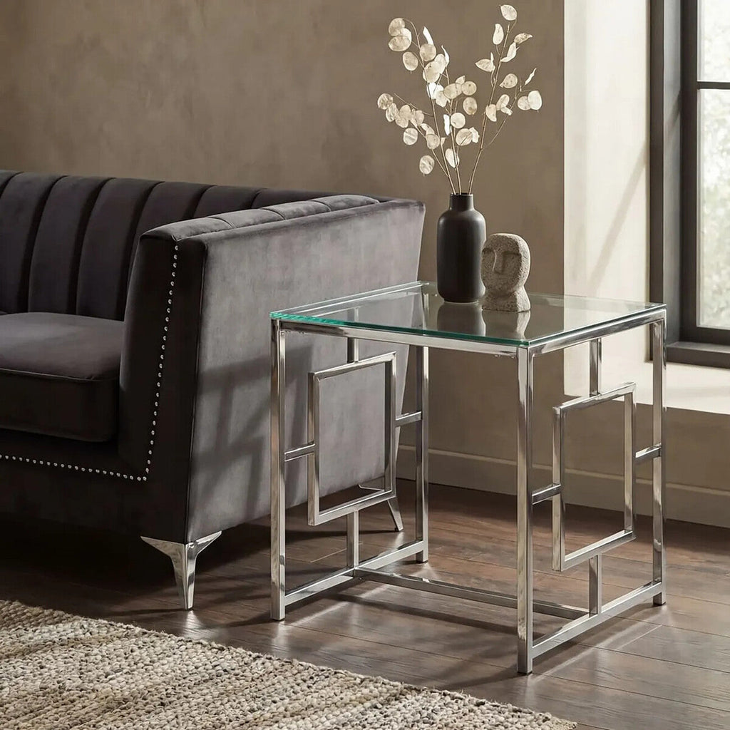 Orsina Silver Reflective End Table with Clear Tempered Glass Top
