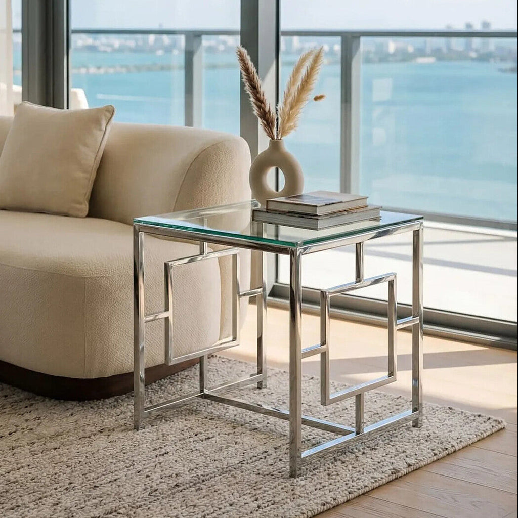 Orsina Silver Reflective End Table with Clear Tempered Glass Top