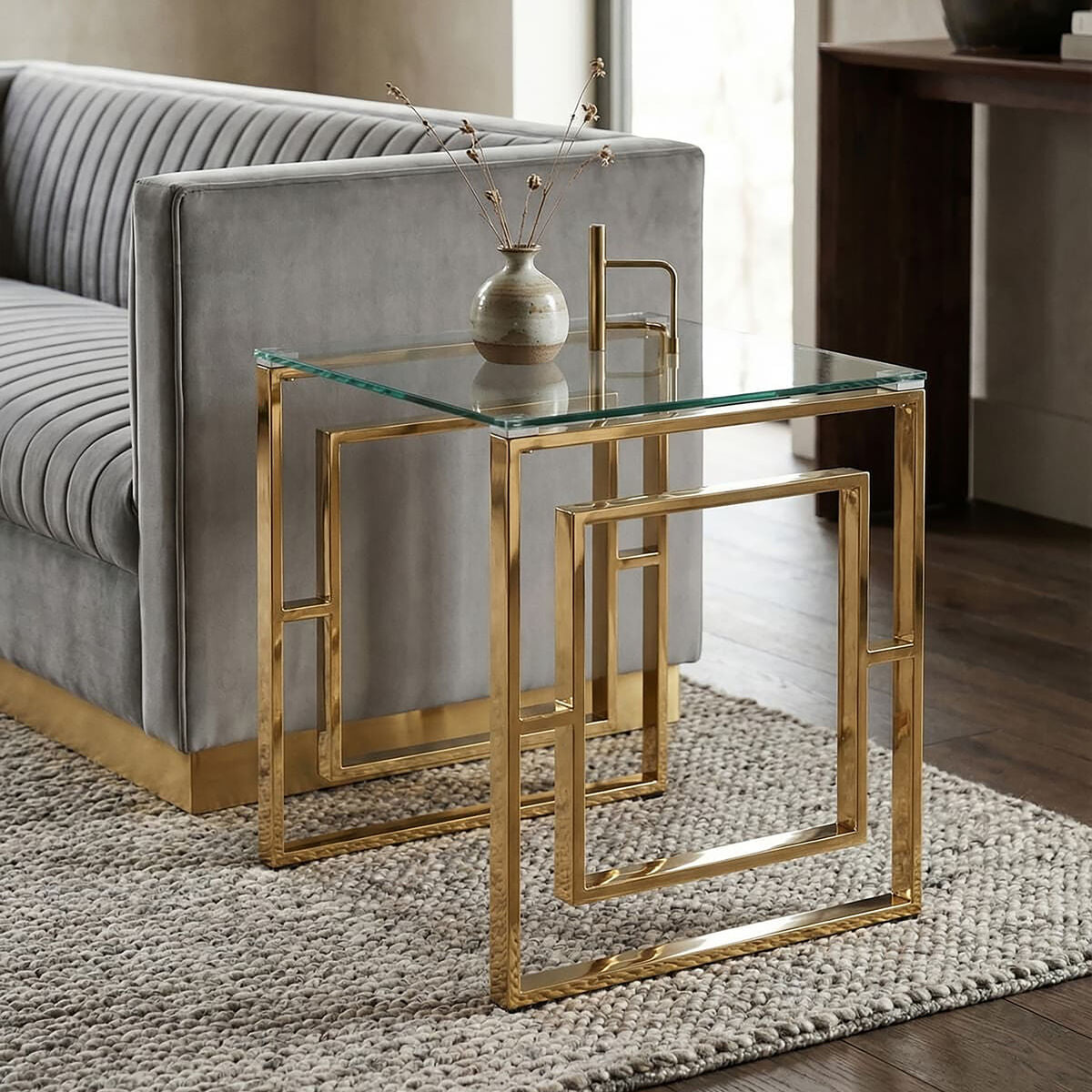 Orsina Allure Gold Square End Table | Clear Glass & Stainless Steel