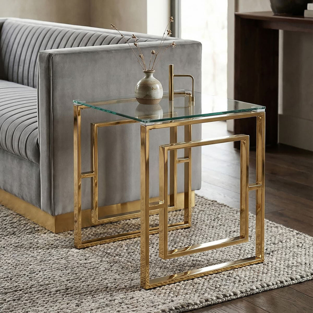 Orsina Allure Gold Square End Table | Clear Glass & Stainless Steel
