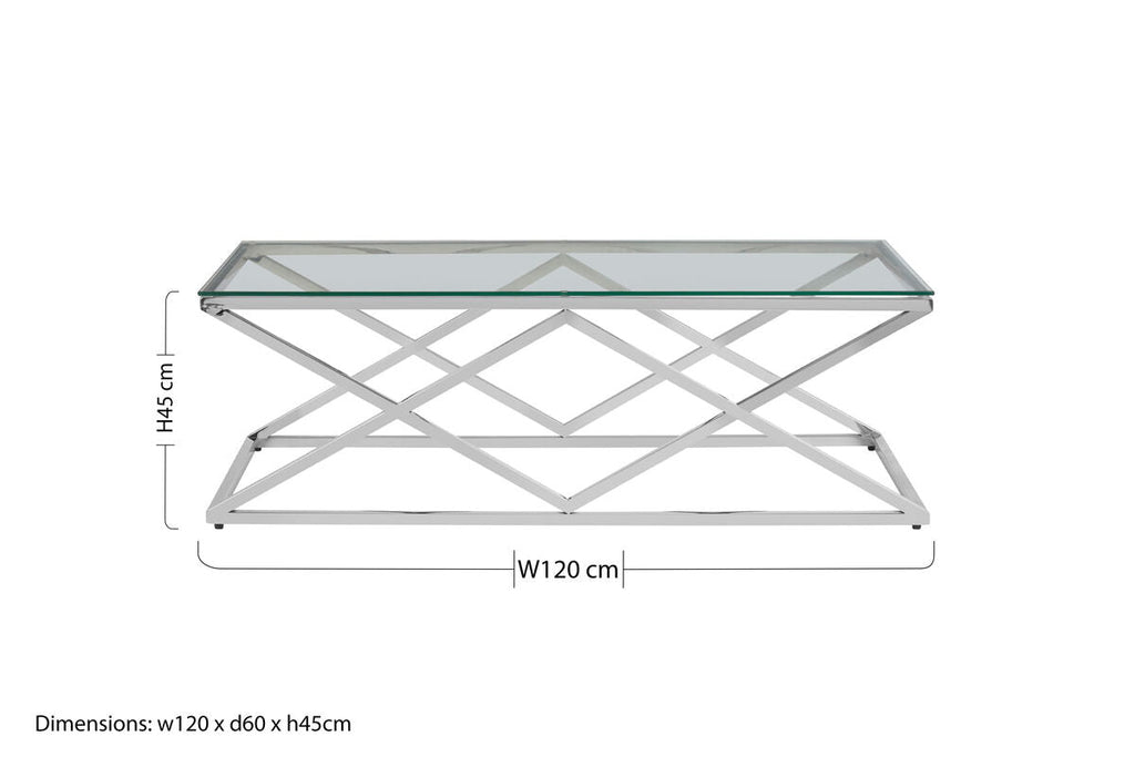 Orsina Allure Silver Prism Coffee Table | Tempered Glass & Stainless Steel