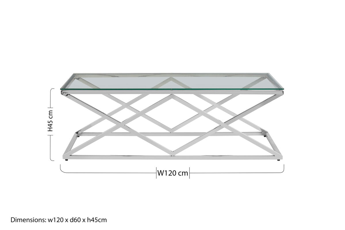 Orsina Allure Silver Prism Coffee Table | Tempered Glass & Stainless Steel