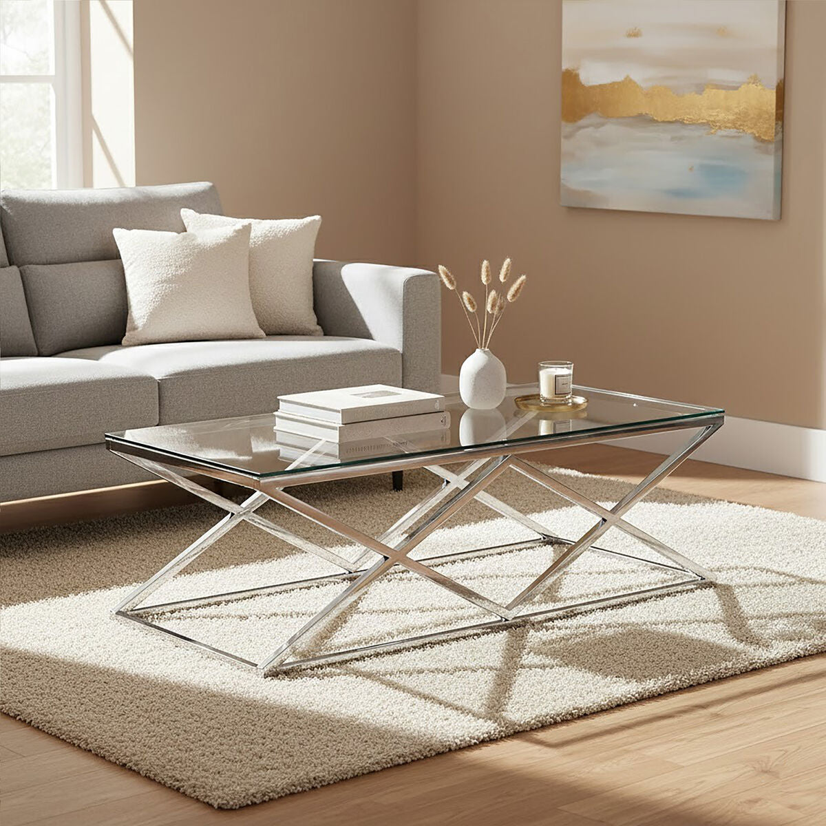 Orsina Allure Silver Prism Coffee Table | Tempered Glass & Stainless Steel