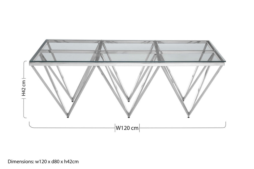 Orsina Allure Glass Coffee Table – Silver Prismatic Stainless Base
