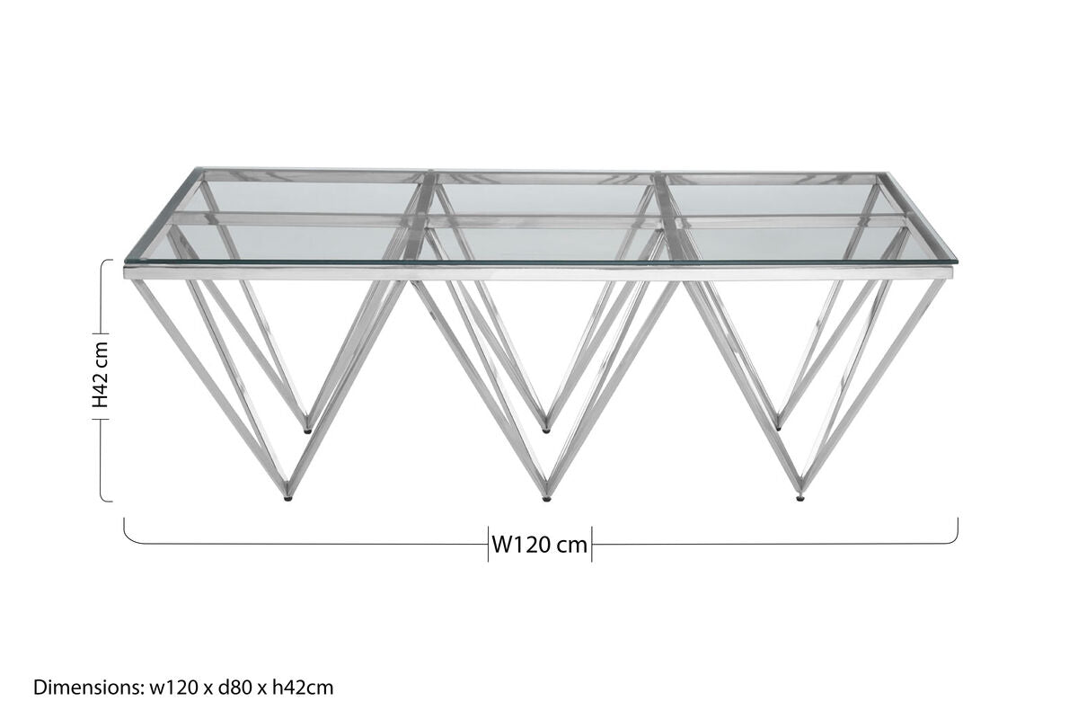 Orsina Allure Glass Coffee Table – Silver Prismatic Stainless Base