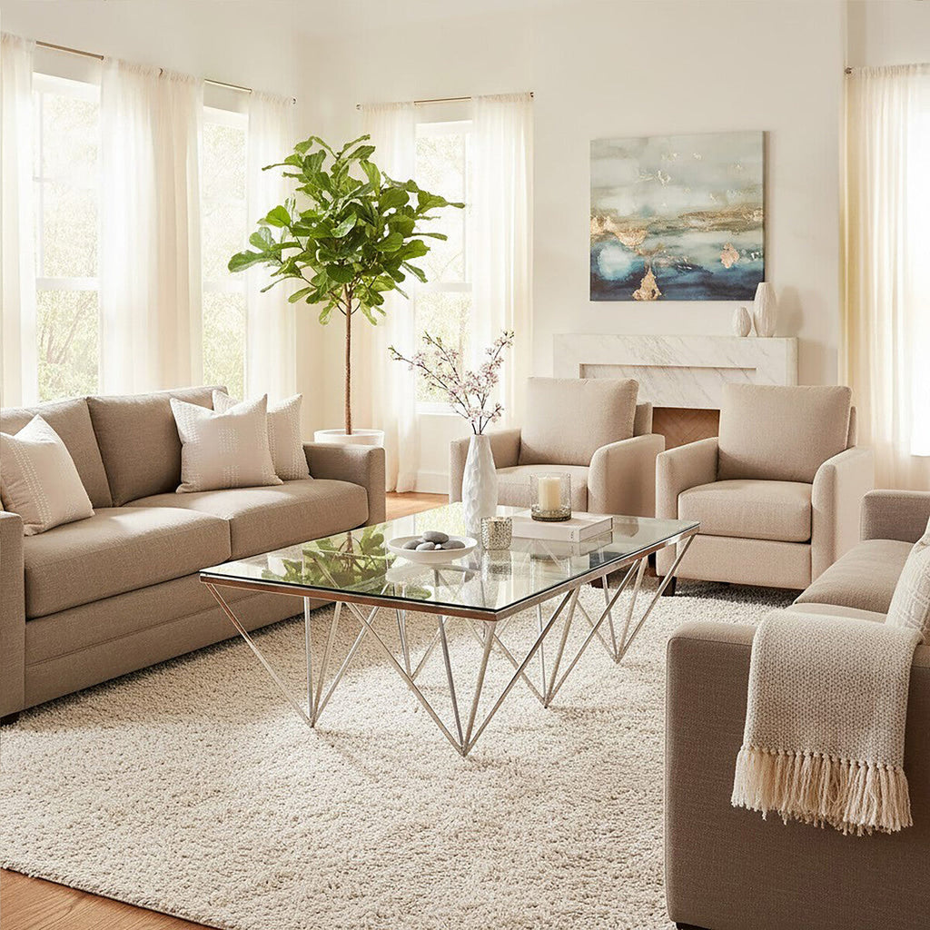 Orsina Allure Glass Coffee Table – Silver Prismatic Stainless Base