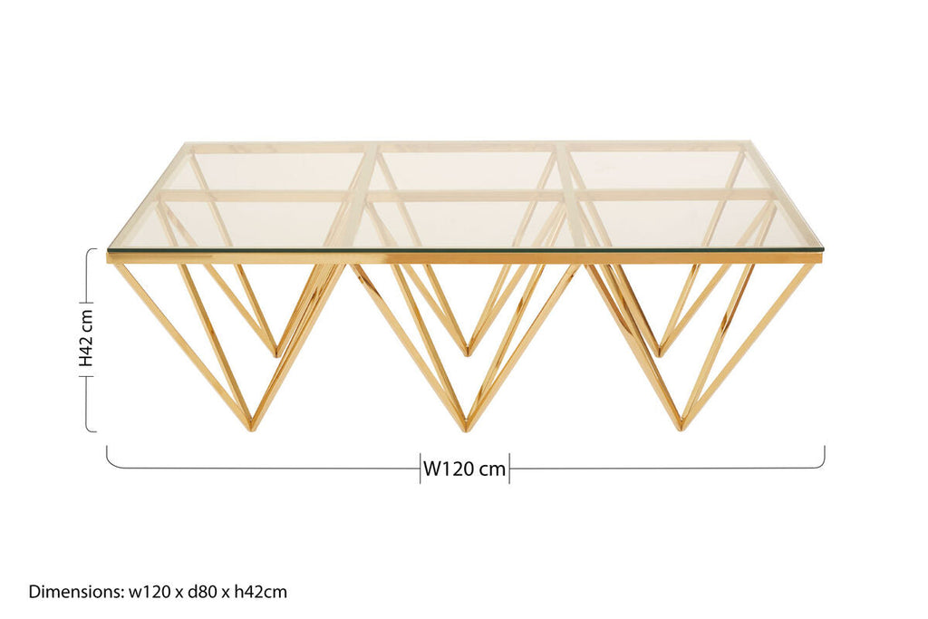 Orsina Allure Gold Prismatic Coffee Table | Clear Glass Square Top