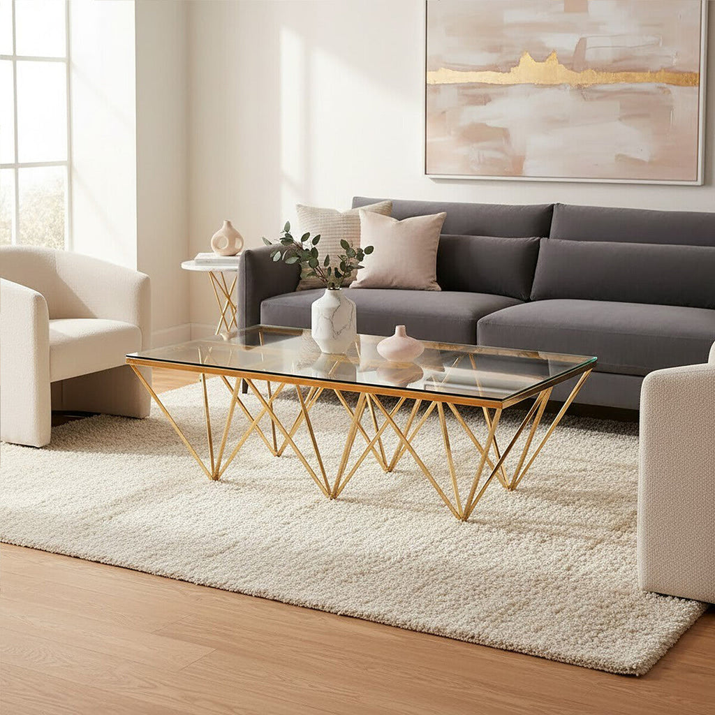 Orsina Allure Gold Prismatic Coffee Table | Clear Glass Square Top