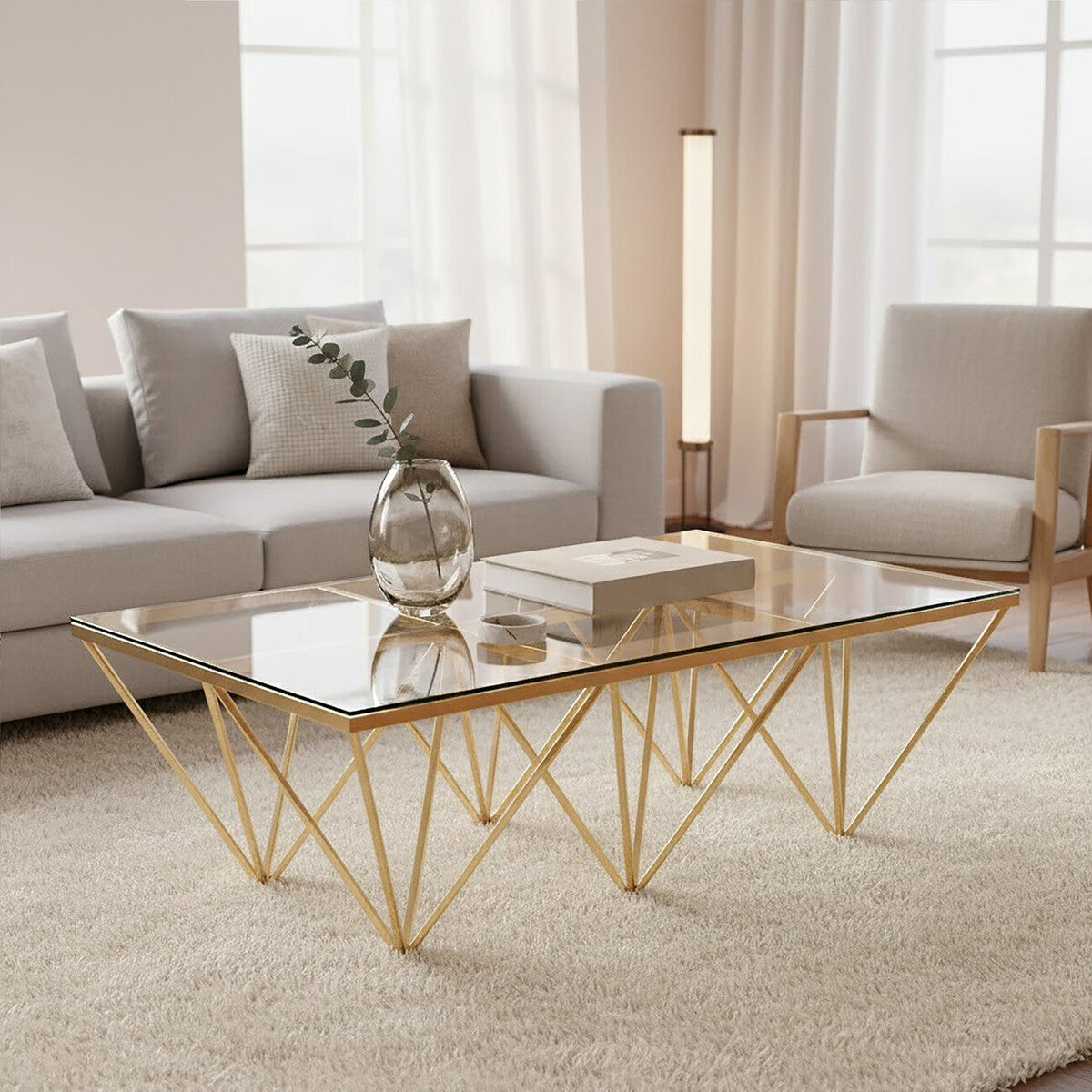 Orsina Allure Gold Prismatic Coffee Table | Clear Glass Square Top
