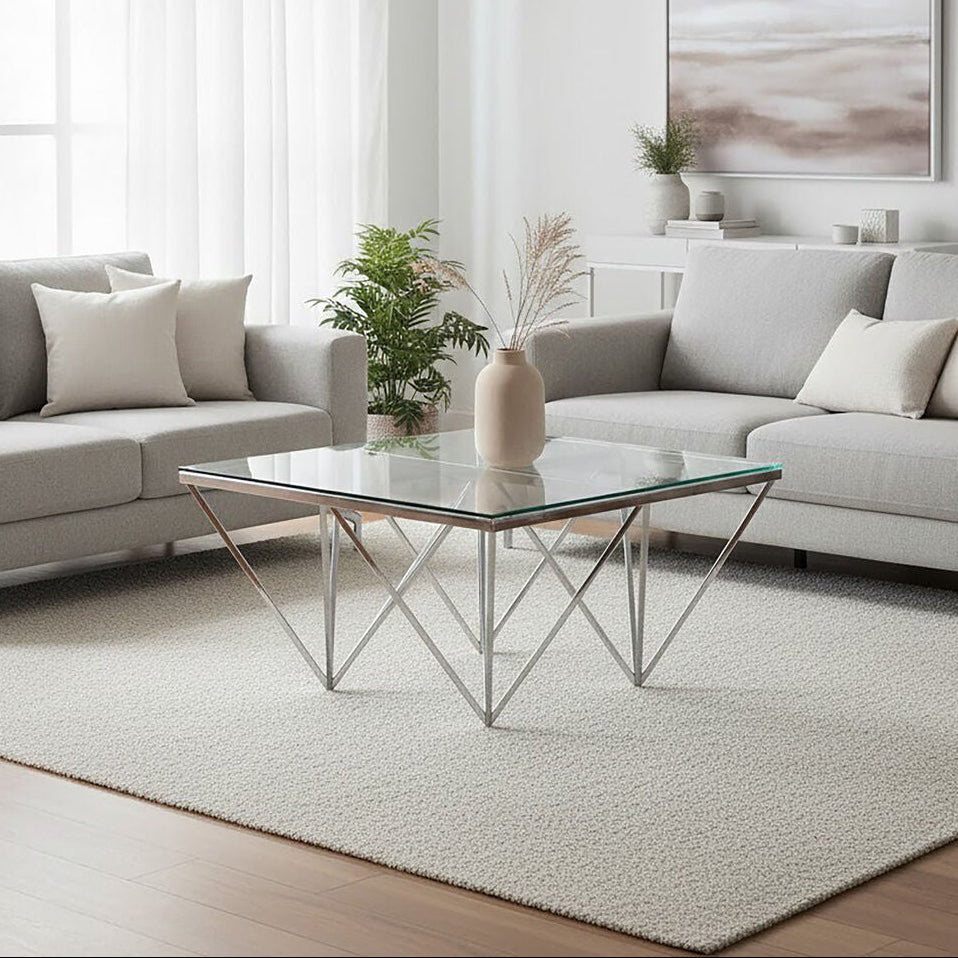 Orsina Allure Tempered Glass Coffee Table | Silver Steel Base