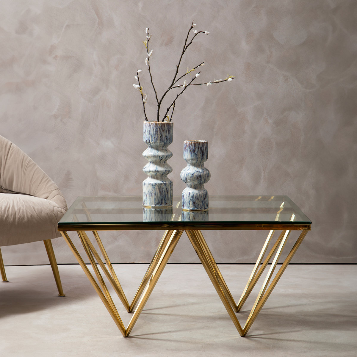 Orsina Gold Prismatic Square Coffee Table | Clear Glass & Metal