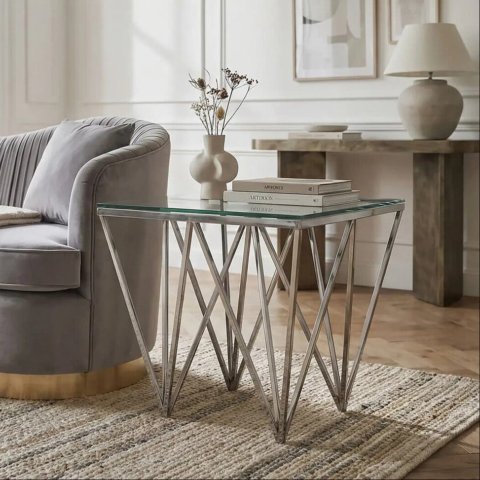 Orsina Silver Stainless Steel End Table with Prismatic Glass Top