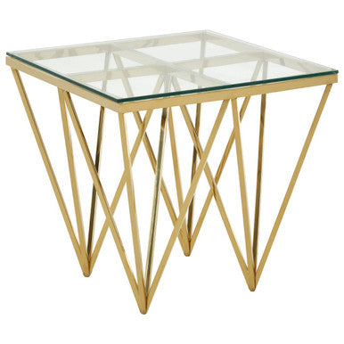 Orsina Gold Side Table | Tempered Glass Top & Sculptural Metal Base