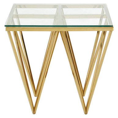 Orsina Gold Side Table | Tempered Glass Top & Sculptural Metal Base