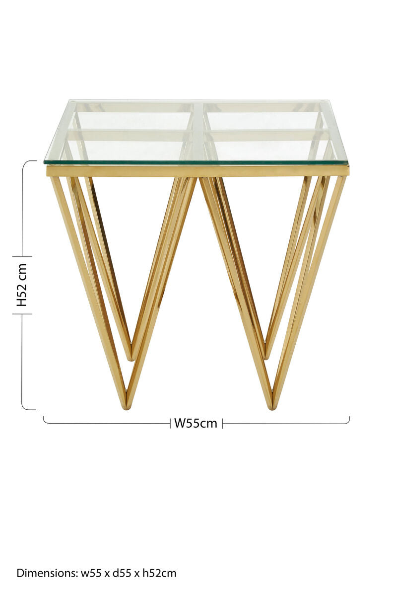 Orsina Gold Side Table | Tempered Glass Top & Sculptural Metal Base