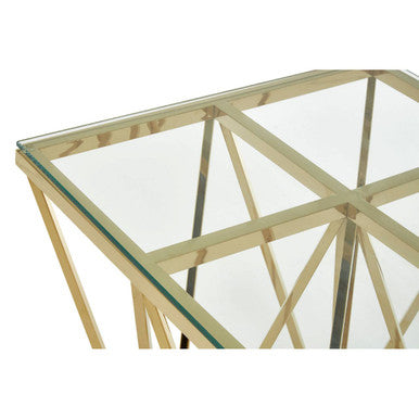 Orsina Gold Side Table | Tempered Glass Top & Sculptural Metal Base