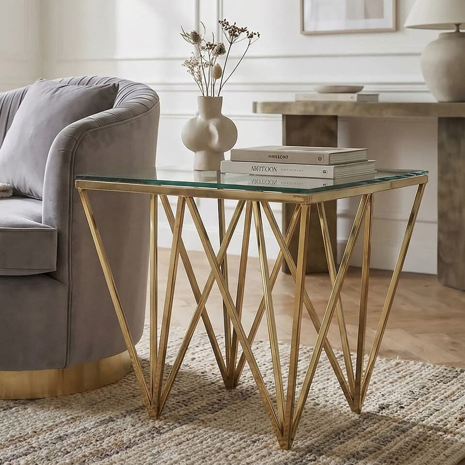 Orsina Gold Side Table | Tempered Glass Top & Sculptural Metal Base