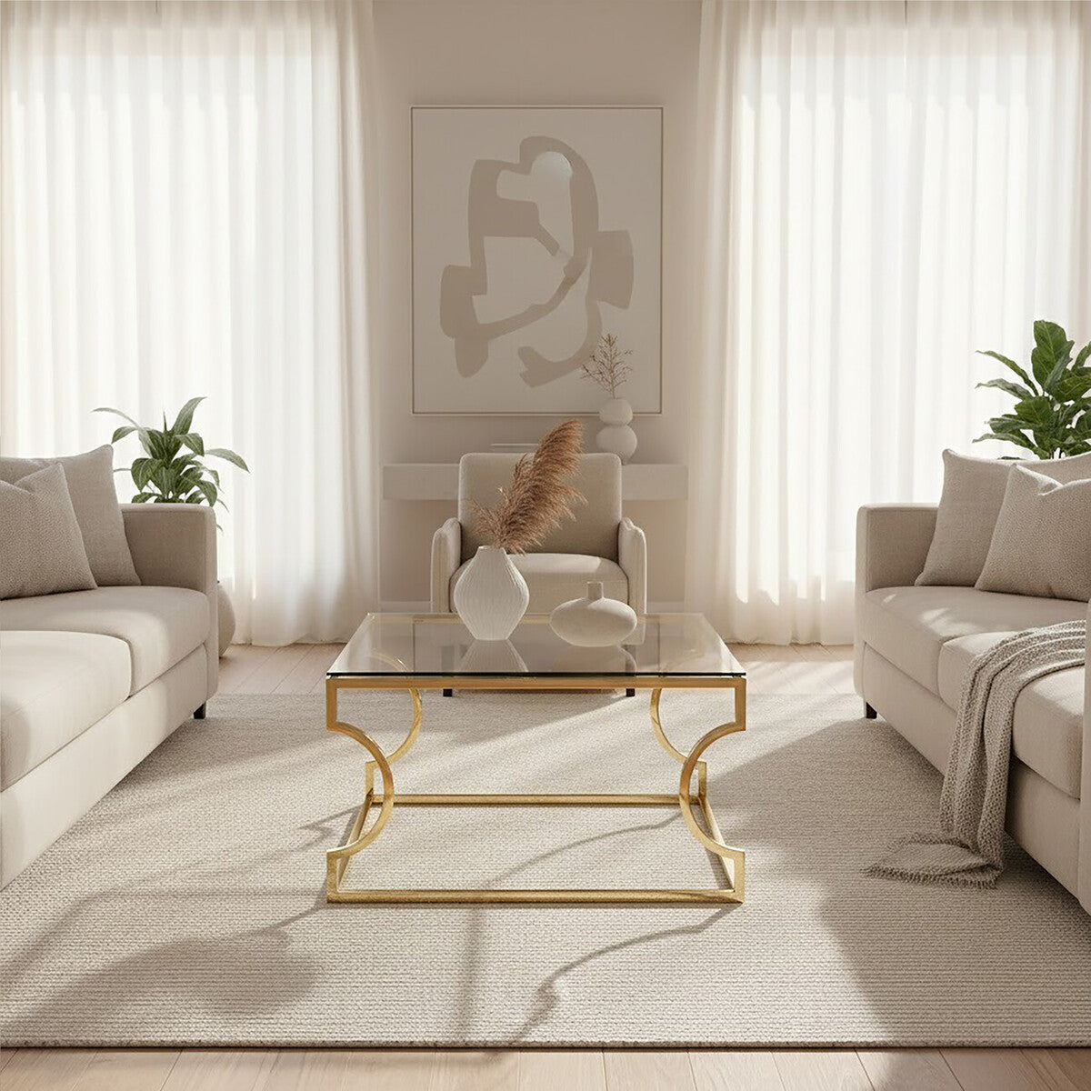 Orsina Allure Gold Curved Coffee Table with Clear Tempered Glass