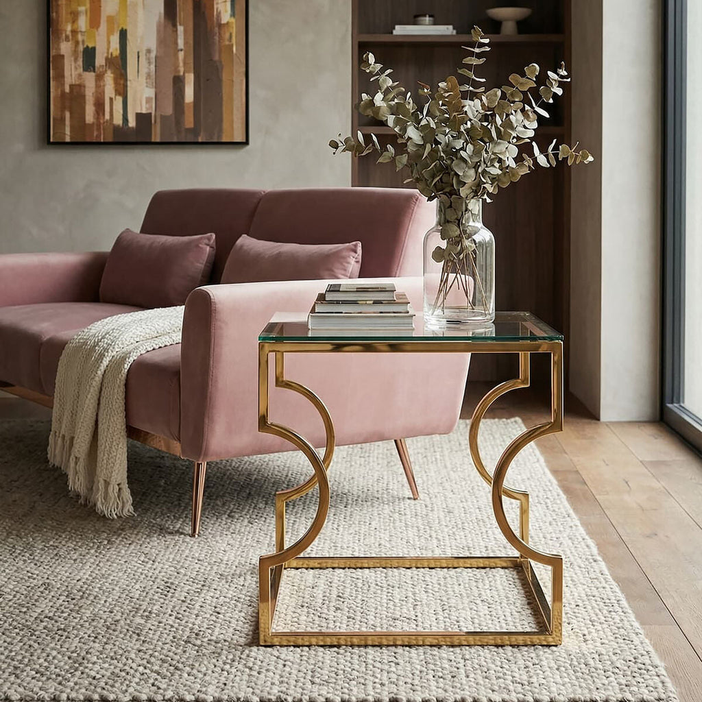 Orsina Gold Curved Frame End Table with Clear Tempered Glass Top