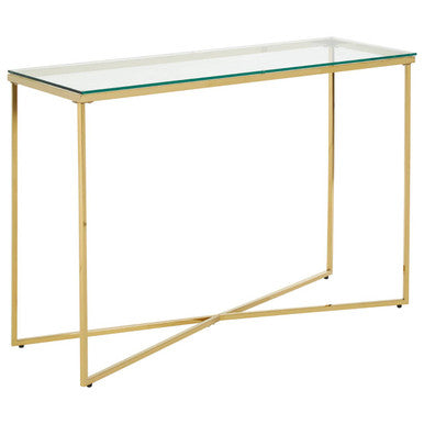 Orsina Allure Gold Cross Base Console Table with Tempered Glass Top