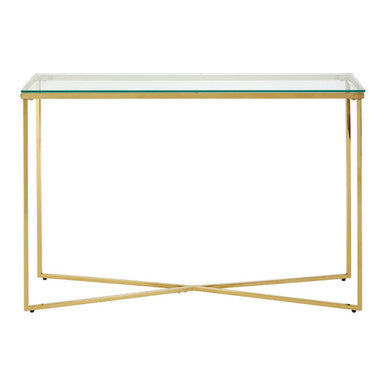 Orsina Allure Gold Cross Base Console Table with Tempered Glass Top