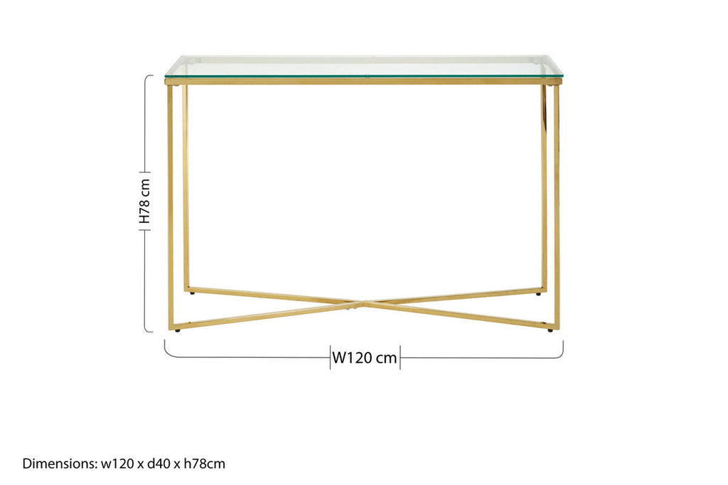 Orsina Allure Gold Cross Base Console Table with Tempered Glass Top